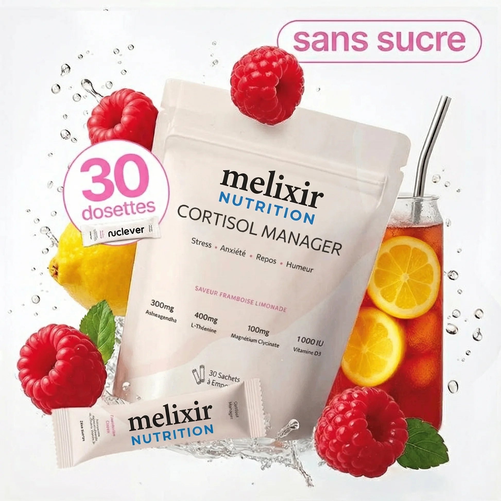 Régulateur de Cortisol Melixir — flacon d'ashwagandha KSM-66, rhodiola et adaptogènes anti-stress